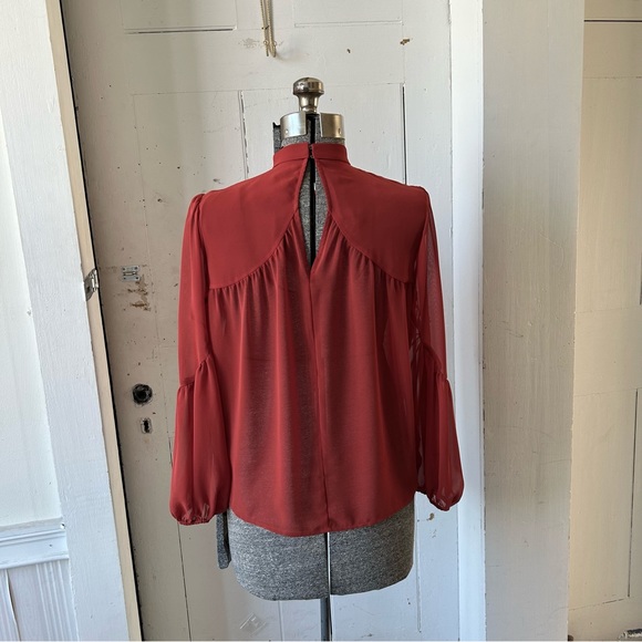 Express Rust Sheer Balloon Puff Sleeve Dress Work Shirt Blouse Top - Picture 4 of 13
